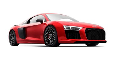 Tula, Rusya. 12 Mayıs 2021: Audi R8 V10 Quattro 2016 kırmızı lüks spor araba beyaz arka planda izole edildi. 3d oluşturma