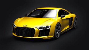Tula, Rusya. 12 Mayıs 2021: Audi R8 V10 Quattro 2016 sarı lüks süper spor araba siyah arka planda. 3d oluşturma