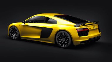 Tula, Rusya. 12 Mayıs 2021: Audi R8 V10 Quattro 2016 sarı lüks süper spor araba siyah arka planda. 3d oluşturma
