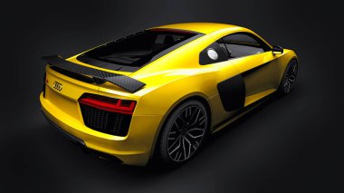 Tula, Rusya. 12 Mayıs 2021: Audi R8 V10 Quattro 2016 sarı lüks süper spor araba siyah arka planda. 3d oluşturma