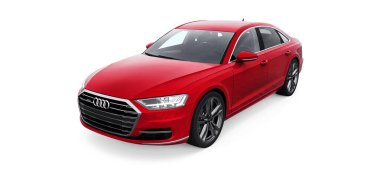 Tula, Rusya. 25 Şubat 2021: Kırmızı Audi A8 Quattro 2020 lüks araba beyaz arka planda izole edildi. 3d oluşturma