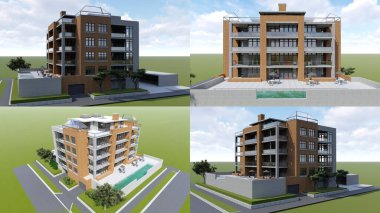 3 boyutlu illüstrasyon. Kapalı alanı, garajı ve sıcak havalarda dinlenmek için yüzme havuzu olan küçük işlevsel bir bina. Küçük bulutlarla dolu güneşli bir yaz günü. 3d oluşturma.