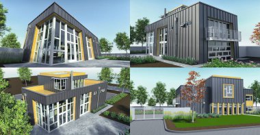 3 boyutlu illüstrasyon. Bahçesi ve garajı olan modern bir ev. 3d oluşturma.