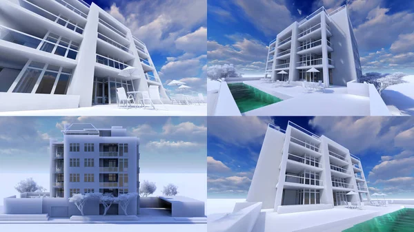3D例证 小巧实用的公寓 有自己封闭的区域 车库和游泳池供游人休闲 3D渲染 — 图库照片