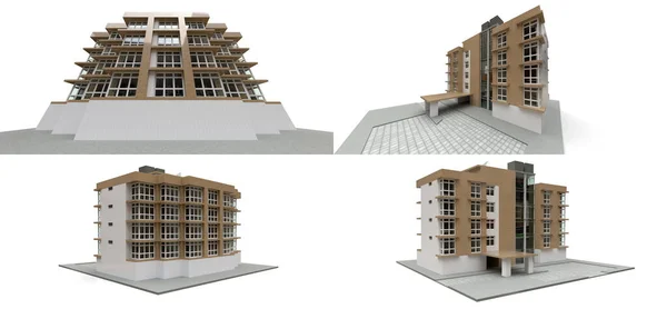 3D例证 白色和米黄色的小公寓 配有电梯和车库 3D渲染 — 图库照片