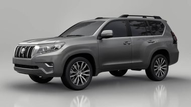 Tula, Rusya. 12 Temmuz 2021: Toyota Land Cruiser Prado 2018 gri arazi aracı gri arka planda izole edildi. 3d oluşturma
