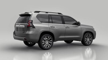 Tula, Rusya. 12 Temmuz 2021: Toyota Land Cruiser Prado 2018 gri arazi aracı gri arka planda izole edildi. 3d oluşturma