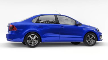 Tula, Rusya. 7 Temmuz 2021: Volkswagen Polo sedan mavi sedan şehir arabası beyaz arka planda izole edildi. 3d oluşturma