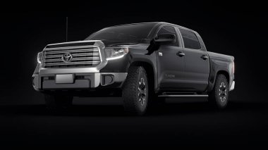 Tula, Rusya. 10 Haziran 2021: Toyota Tundra 2020 siyah arka planda izole edilmiş tam boy siyah kamyonet. 3d oluşturma