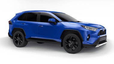 Tula, Rusya. 24 Haziran 2021: Toyota RAV4 2020 şehir mavi arabası beyaz arka planda izole edildi. 3d illüstrasyon