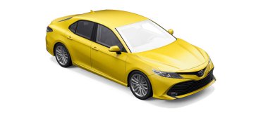 Tula, Rusya. 23 Haziran 2021: Toyota Camry Sedan 2020 şehir sarı arabası beyaz arka planda izole edildi. 3d oluşturma