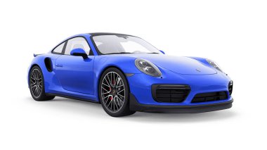 Tula, Rusya. 14 Mart 2021: Porsche 911 Turbo S 2016 mavi spor araba coupe beyaz arka planda izole edildi. 3d oluşturma