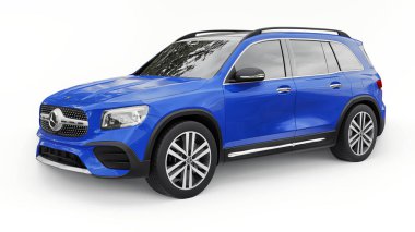 Tula, Rusya. 5 Temmuz 2021: Mercedes-Benz GLB 2020 mavi kompakt lüks SUV arabası beyaz arka planda izole edildi. 3d oluşturma