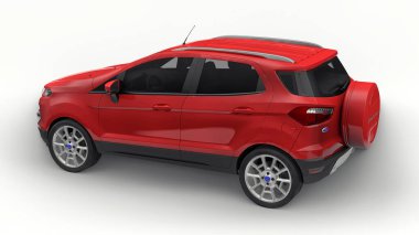 Tula, Rusya. 12 Haziran 2021: Ford EcoSport 2016 kırmızı kompakt şehir SUV beyaz arka planda izole edildi. 3d oluşturma