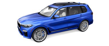 Tula, Rusya. 2 Temmuz 2021: BMW X7 i50 i50 mavi SUV beyaz arka planda izole edildi. 3d illüstrasyon.