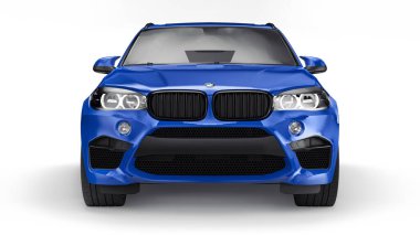 Tula, Rusya. 26 Haziran 2021: BMW X5M F85 mavi lüks SUV arabası beyaz arka planda izole edildi. 3d illüstrasyon