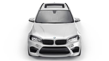 Tula, Rusya. 25 Haziran 2021: BMW X5M F85 beyaz lüks SUV aracı beyaz arka planda izole edildi. 3d illüstrasyon