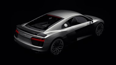 Tula, Rusya. 10 Mayıs 2021: Audi R8 V10 Quattro 2016 gri, şık, siyah arka planda süper spor araba. 3d oluşturma