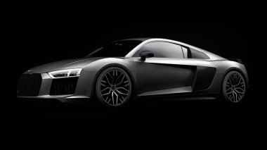 Tula, Rusya. 10 Mayıs 2021: Audi R8 V10 Quattro 2016 gri, şık, siyah arka planda süper spor araba. 3d oluşturma