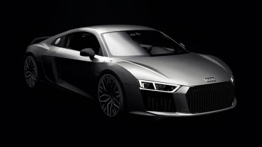 Tula, Rusya. 10 Mayıs 2021: Audi R8 V10 Quattro 2016 gri, şık, siyah arka planda süper spor araba. 3d oluşturma