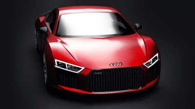 Tula, Rusya. 11 Mayıs 2021: Audi R8 V10 Quattro 2016 siyah arka planda lüks lüks lüks spor araba. 3d oluşturma