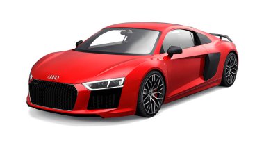 Tula, Rusya. 12 Mayıs 2021: Audi R8 V10 Quattro 2016 kırmızı lüks spor araba beyaz arka planda izole edildi. 3d oluşturma