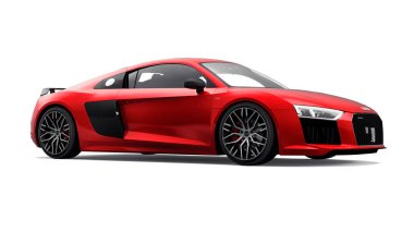 Tula, Rusya. 12 Mayıs 2021: Audi R8 V10 Quattro 2016 kırmızı lüks spor araba beyaz arka planda izole edildi. 3d oluşturma