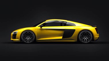 Tula, Rusya. 12 Mayıs 2021: Audi R8 V10 Quattro 2016 sarı lüks süper spor araba siyah arka planda. 3d oluşturma
