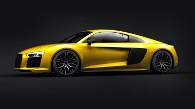 Tula, Rusya. 12 Mayıs 2021: Audi R8 V10 Quattro 2016 sarı lüks süper spor araba siyah arka planda. 3d oluşturma