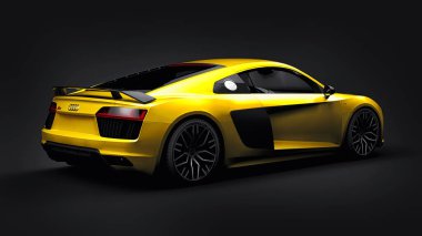 Tula, Rusya. 12 Mayıs 2021: Audi R8 V10 Quattro 2016 sarı lüks süper spor araba siyah arka planda. 3d oluşturma