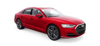 Tula, Rusya. 25 Şubat 2021: Kırmızı Audi A8 Quattro 2020 lüks araba beyaz arka planda izole edildi. 3d oluşturma
