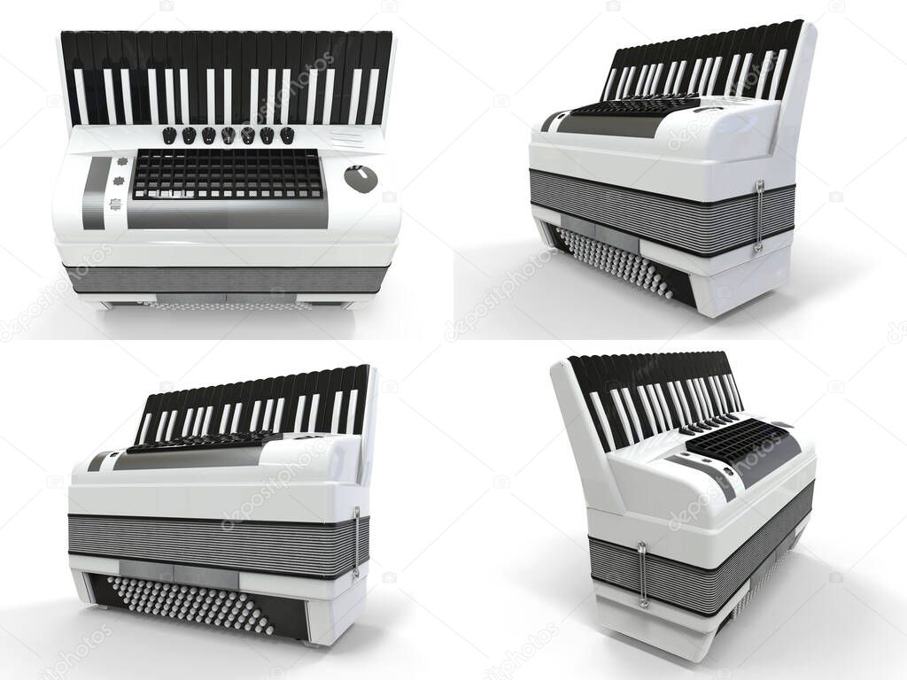 Set Red and white accordion on grey isolated background. 3d illustration