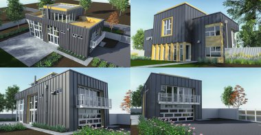 3 boyutlu illüstrasyon. Bahçesi ve garajı olan modern bir ev. 3d oluşturma.