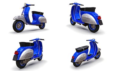 Set blue scooter on a white background. 3d illustration.