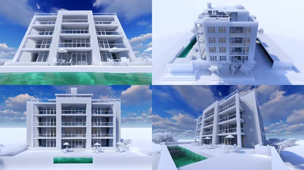 3D例证 小巧实用的公寓 有自己封闭的区域 车库和游泳池供游人休闲 3D渲染 — 图库照片