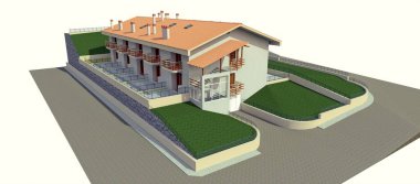 Küçük bir kasaba ya da kırsal bölge için daire. Küçük bir otel, misafirler için garajı olan bir otel. Beyaz arka planda bir apartmanın dış cephesi. 3d oluşturma