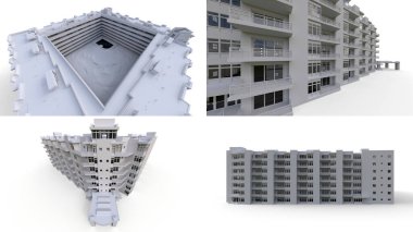 Şeffaf gözlüklü beyaz renkli apartman modeli. Avlusu olan bir daire. 3d oluşturma