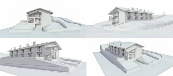 小さな町や農村部のためのコンドミニアム 小さなモーテル お客様のためのガレージ付きのホテル 白い背景に住宅の外観 3Dレンダリング — ストック写真