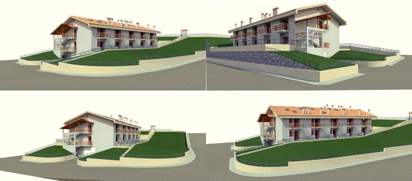 小さな町や農村部のためのコンドミニアム 小さなモーテル お客様のためのガレージ付きのホテル 白い背景に住宅の外観 3Dレンダリング — ストック写真