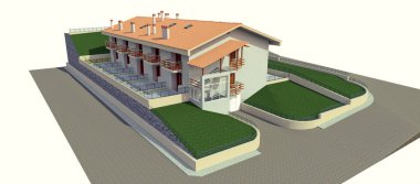 Küçük bir kasaba ya da kırsal bölge için daire. Küçük bir otel, misafirler için garajı olan bir otel. Beyaz arka planda bir apartmanın dış cephesi. 3d oluşturma