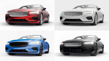 3 boyutlu illüstrasyon. Konsept araba spor premium coupe 'u ayarlayın. Eklenti hibrit. Çevre dostu ulaşım teknolojileri. Beyaz arka planda bir araba. 3d oluşturma.