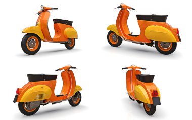 Beyaz arka planda turuncu scooter ayarlayın. 3d illüstrasyon.