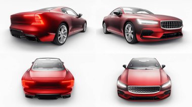 3 boyutlu illüstrasyon. Konsept spor premium coupe. Eklenti hibrit. Çevre dostu ulaşım teknolojileri. Kırmızı araba beyaz arka planda. 3d oluşturma