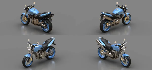 3D例证 蓝色城市运动双座位摩托车灰色背景 3D渲染 — 图库照片