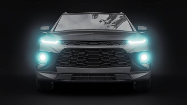 Siyah ultra modern bir SUV, siyah izole edilmiş arka planda yaşayan gençler ve aileler için akılda kalıcı bir tasarıma sahip. Parlak farlar. 3d illüstrasyon