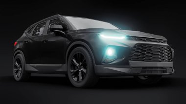 Siyah ultra modern bir SUV, siyah izole edilmiş arka planda yaşayan gençler ve aileler için akılda kalıcı bir tasarıma sahip. Parlak farlar. 3d illüstrasyon