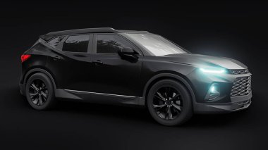 Siyah ultra modern bir SUV, siyah izole edilmiş arka planda yaşayan gençler ve aileler için akılda kalıcı bir tasarıma sahip. Parlak farlar. 3d illüstrasyon
