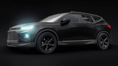 Siyah ultra modern bir SUV, siyah izole edilmiş arka planda yaşayan gençler ve aileler için akılda kalıcı bir tasarıma sahip. Parlak farlar. 3d illüstrasyon