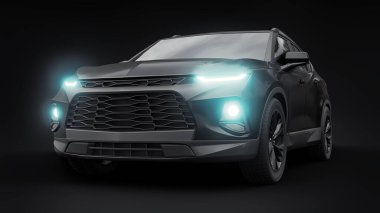 Siyah ultra modern bir SUV, siyah izole edilmiş arka planda yaşayan gençler ve aileler için akılda kalıcı bir tasarıma sahip. Parlak farlar. 3d illüstrasyon