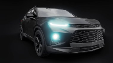 Siyah ultra modern bir SUV, siyah izole edilmiş arka planda yaşayan gençler ve aileler için akılda kalıcı bir tasarıma sahip. Parlak farlar. 3d illüstrasyon